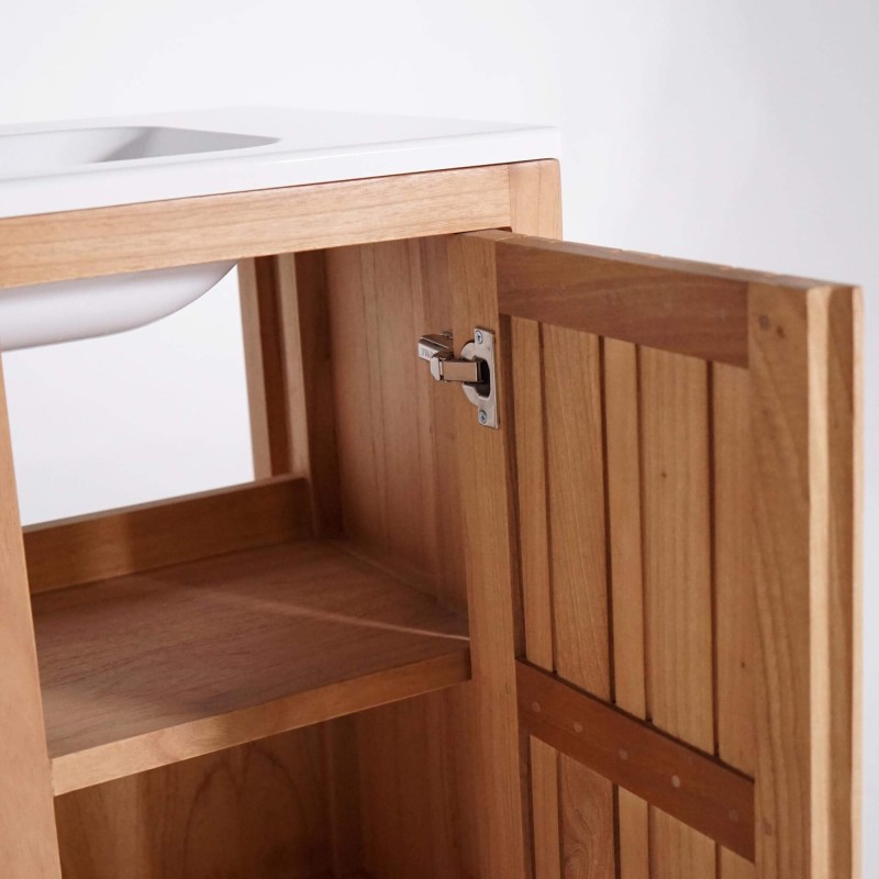 Meuble de salle de bain simple vasque en bois massif, blanc brillant - Satya