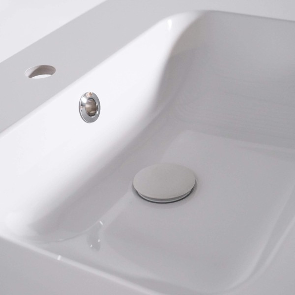 Meuble de salle de bain simple vasque en bois massif, blanc brillant - Satya