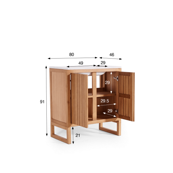 Meuble de salle de bain simple vasque en bois massif, blanc brillant - Satya