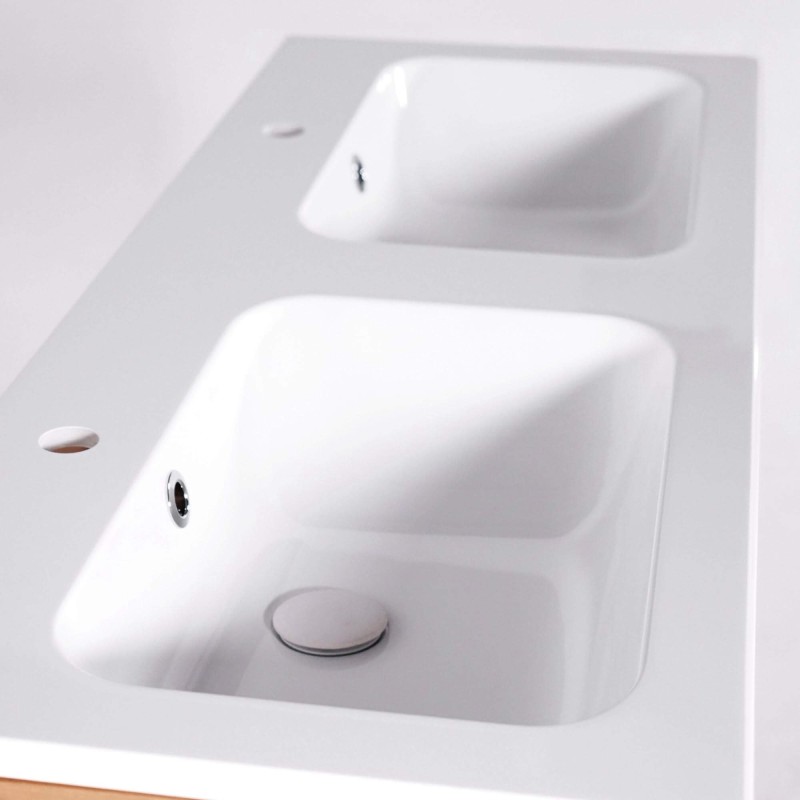 Meuble de salle de bain double vasque en bois massif, blanc brillant - Satya