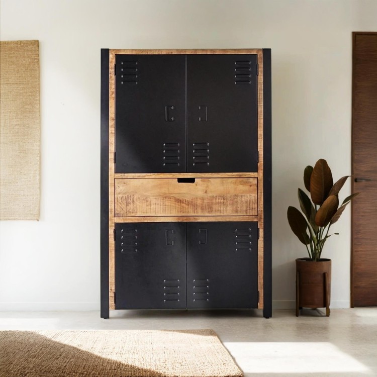 Armoire en bois massif de manguier et porte en métal 60 cm - Kansas