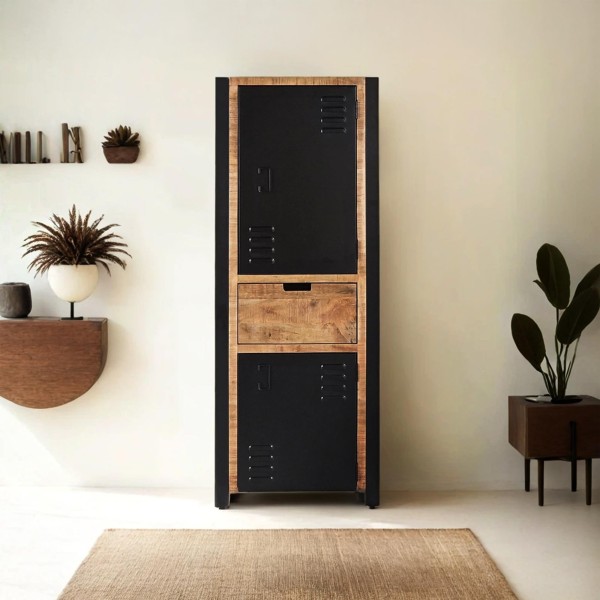 Armoire en bois massif de manguier et porte en métal 60 cm - Kansas