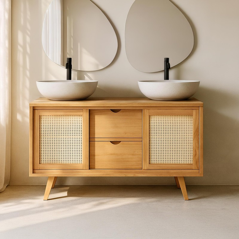Meuble salle de bain en bois massif sur pieds 140 cm - Anaya