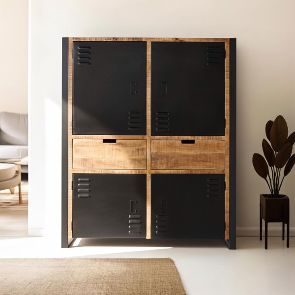 Armoire en bois massif de manguier et porte en métal 130 cm - Kansas