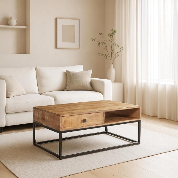 Table basse en bois massif de manguier et structure en métal