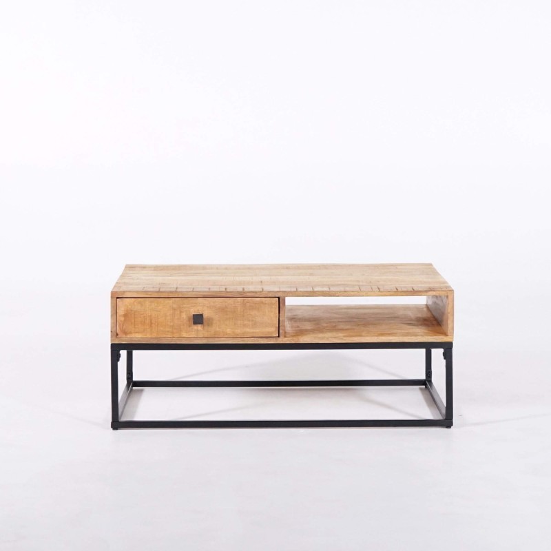 Table basse en bois massif de manguier et structure en métal