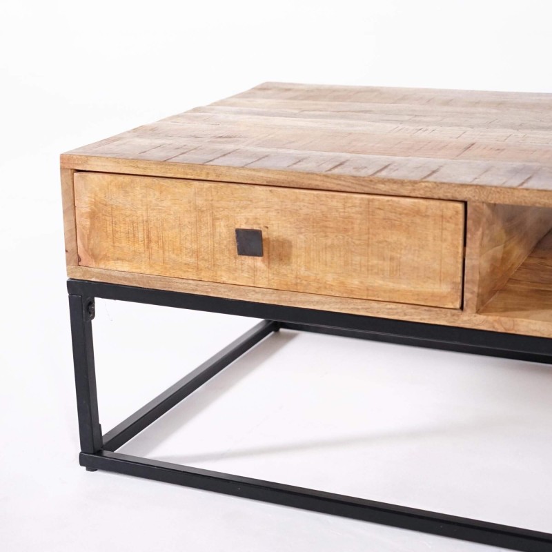 Table basse en bois massif de manguier et structure en métal