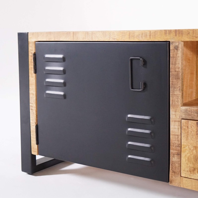 Meuble TV en bois massif manguier et porte en métal 220 cm - Kansas