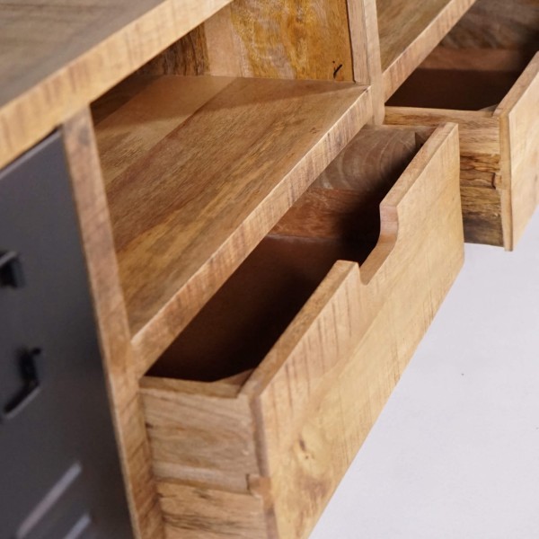 Meuble TV en bois massif manguier et porte en métal 220 cm - Kansas