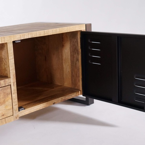 Meuble TV en bois massif manguier et porte en métal 220 cm - Kansas