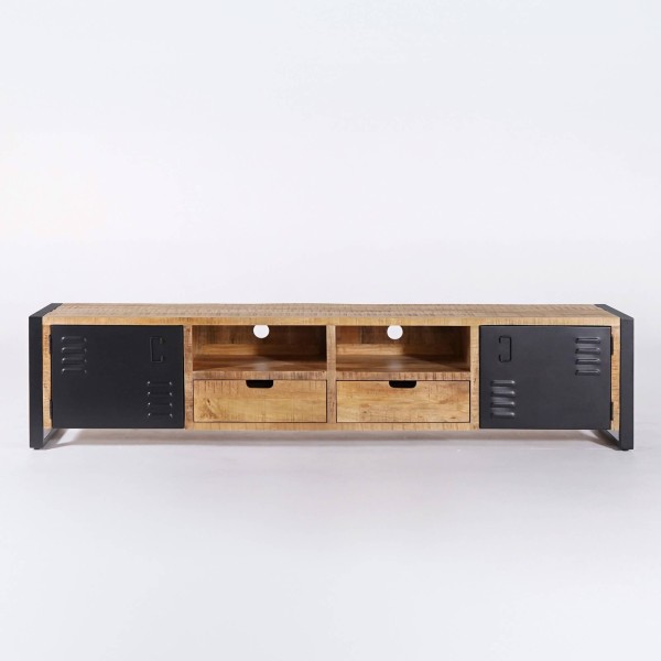 Meuble TV en bois massif manguier et porte en métal 220 cm - Kansas