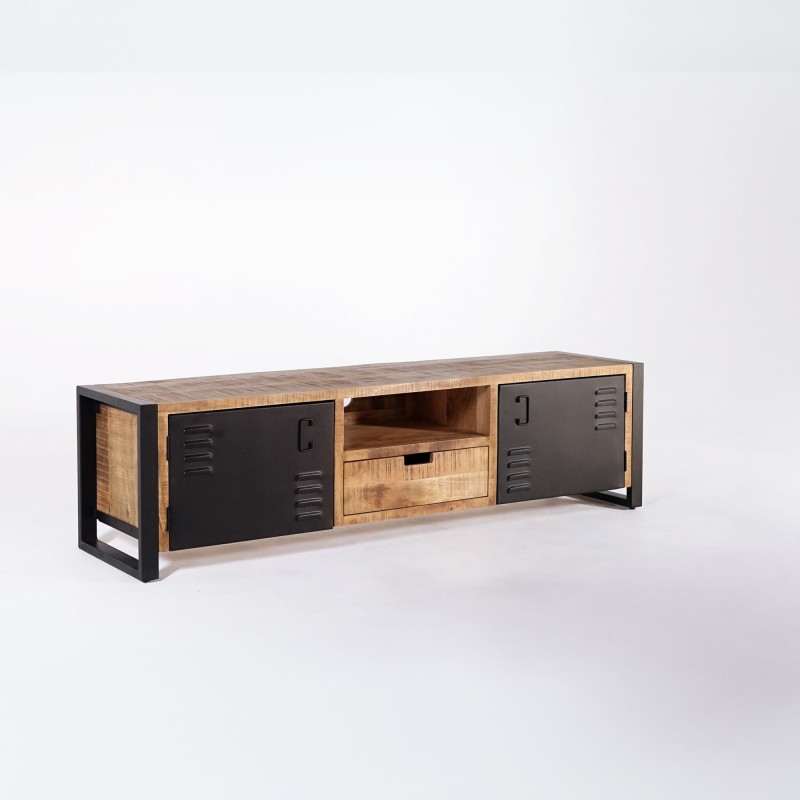 Meuble TV en bois massif manguier et porte en métal 180 cm - Kansas