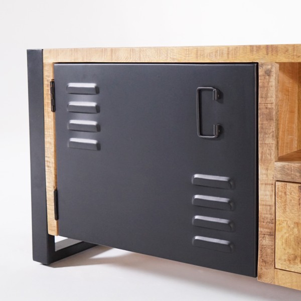 Meuble TV en bois massif manguier et porte en métal 180 cm - Kansas