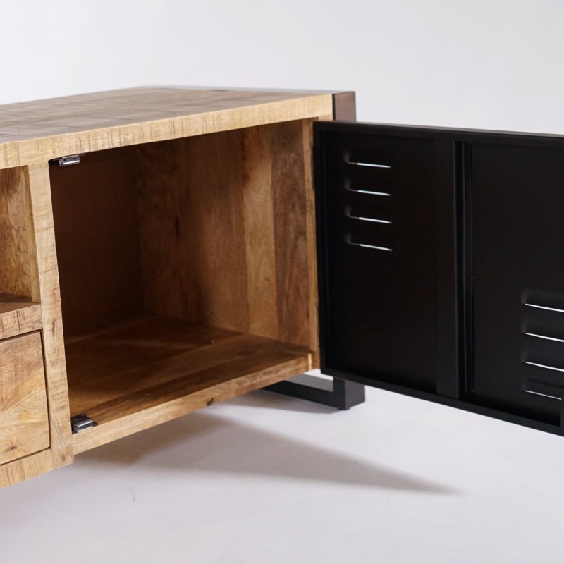Meuble TV en bois massif manguier et porte en métal 180 cm - Kansas