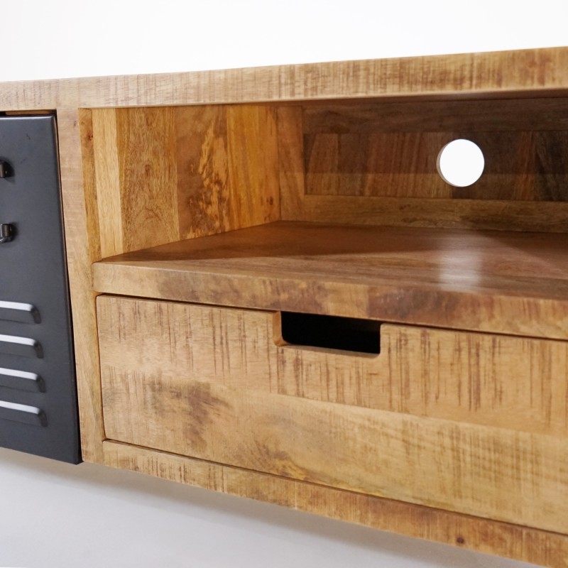 Meuble TV en bois massif manguier et porte en métal 180 cm - Kansas