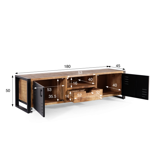 Meuble TV en bois massif manguier et porte en métal 180 cm - Kansas