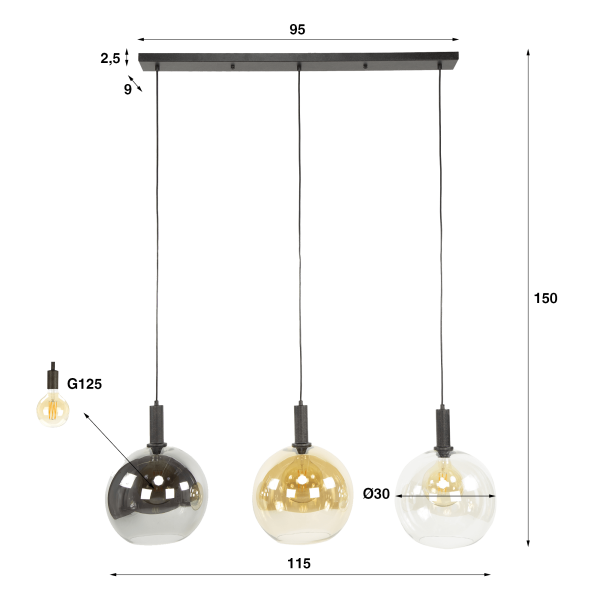 Luminaire en suspension avec abat-jour sphériques en verre tricolore - Sfera