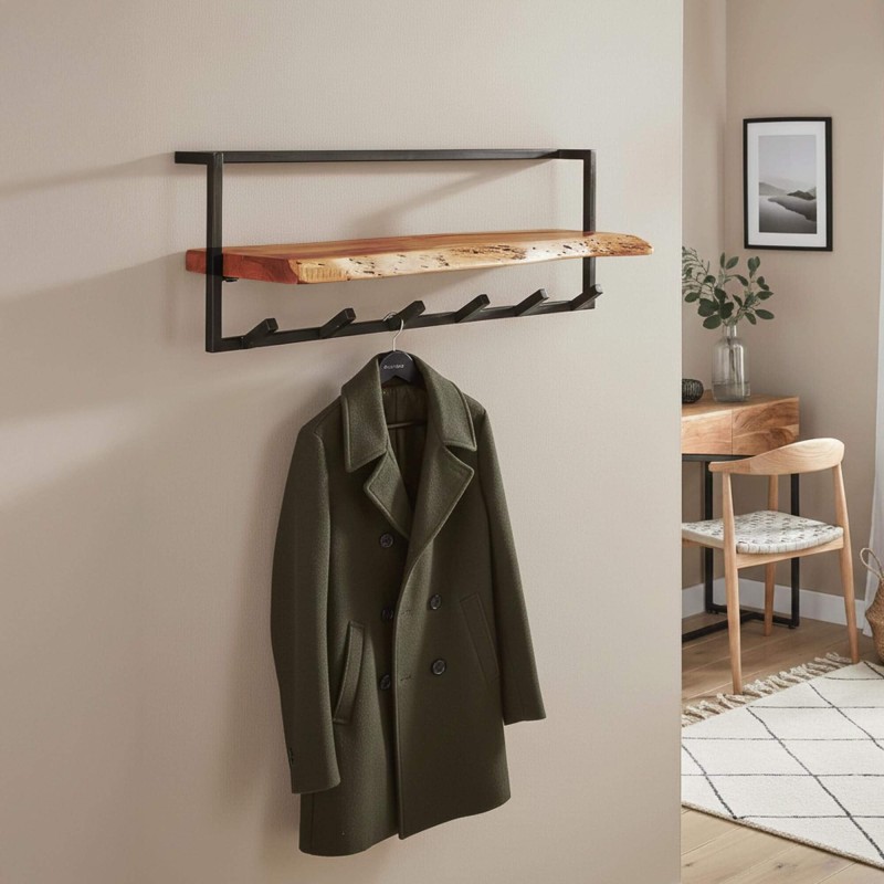 Porte manteaux mural avec étagère en bois massif - Solis