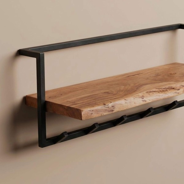 Porte manteaux mural avec étagère en bois massif - Solis