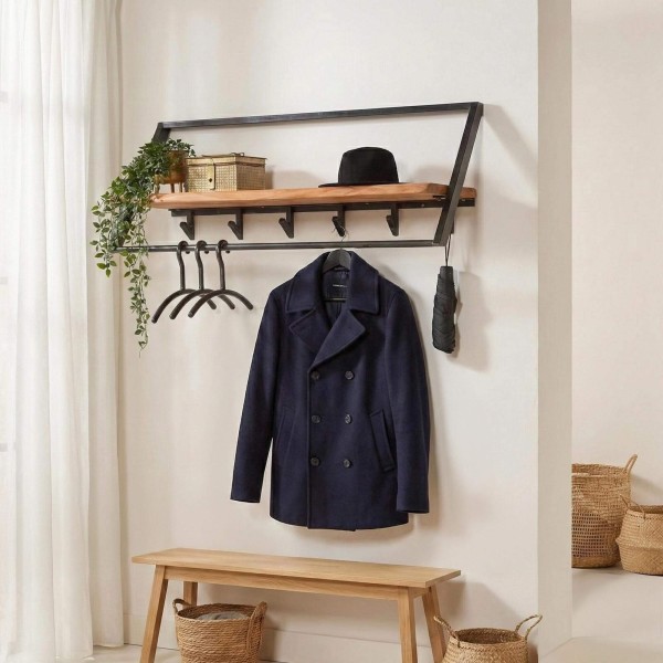 Porte manteaux mural en métal avec étagère en bois massif - Lean