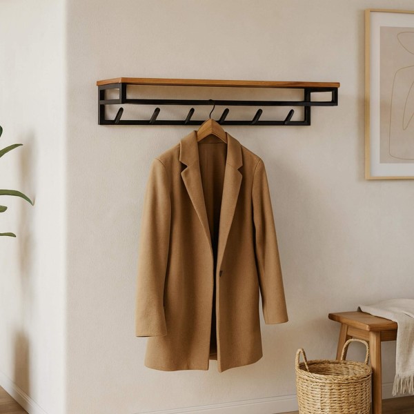 Porte manteaux mural style industriel en bois et métal - Custom