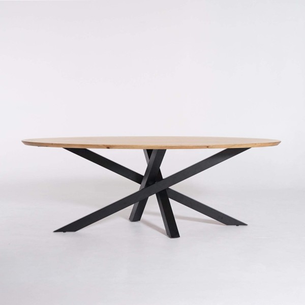 Table de salle à manger ovale en bois massif à pied mikado en métal 180 cm