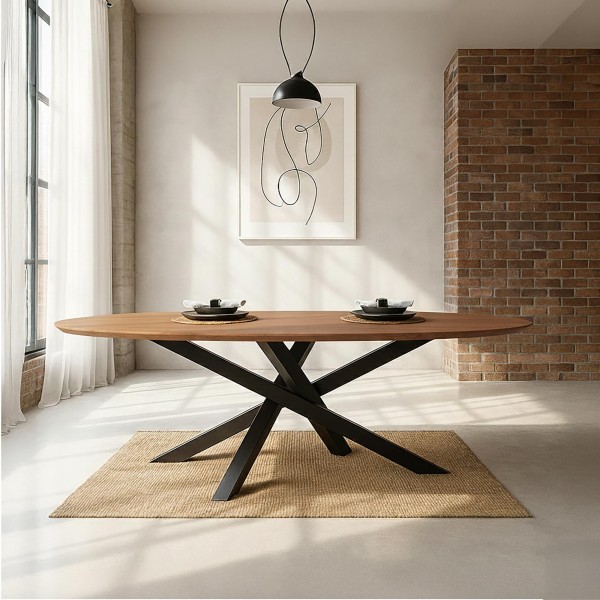 Table de salle à manger ovale en bois massif à pied mikado en métal 180 cm