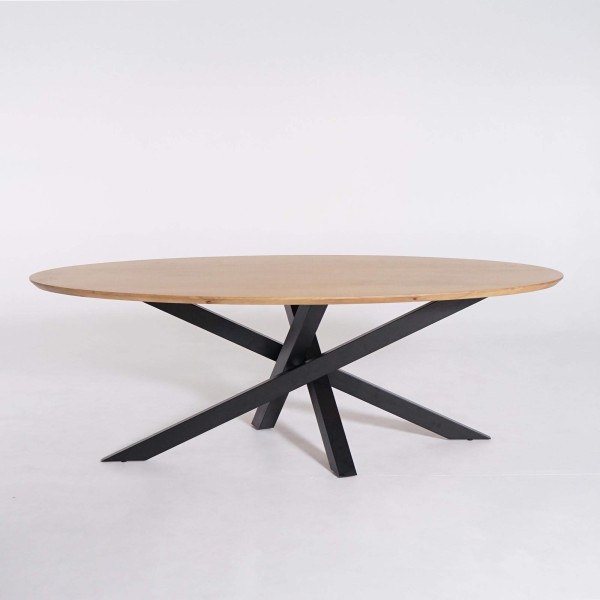 Table de salle à manger ovale en bois massif à pied mikado en métal 180 cm