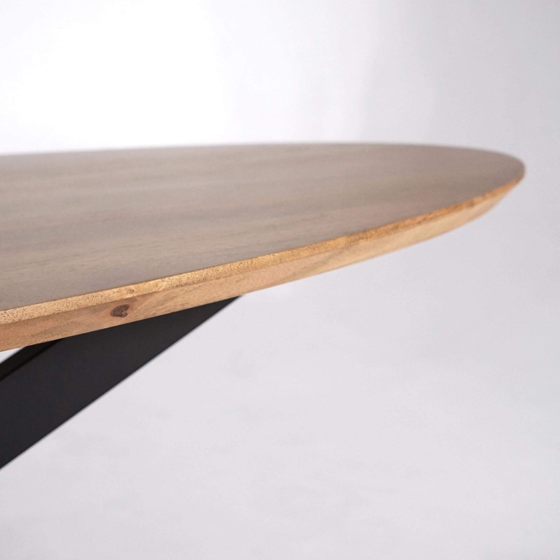 Table de salle à manger ovale en bois massif à pied mikado en métal 180 cm
