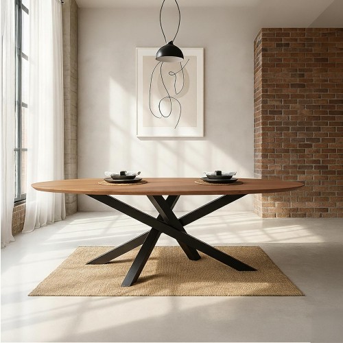 Table de salle à manger ovale en bois massif à pied mikado en métal 220 cm