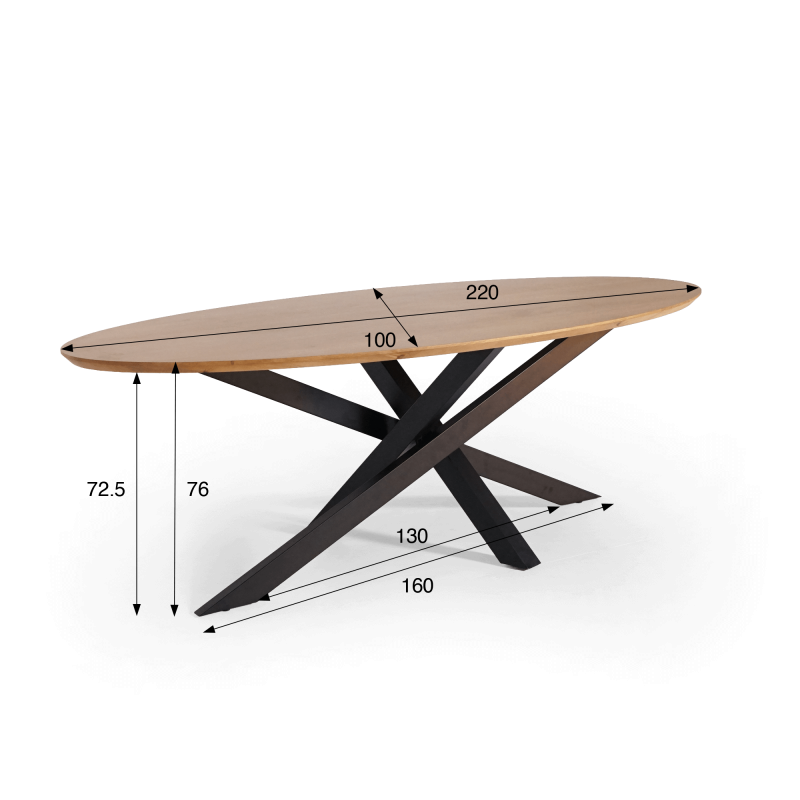 Table de salle à manger ovale en bois massif à pied mikado en métal 220 cm