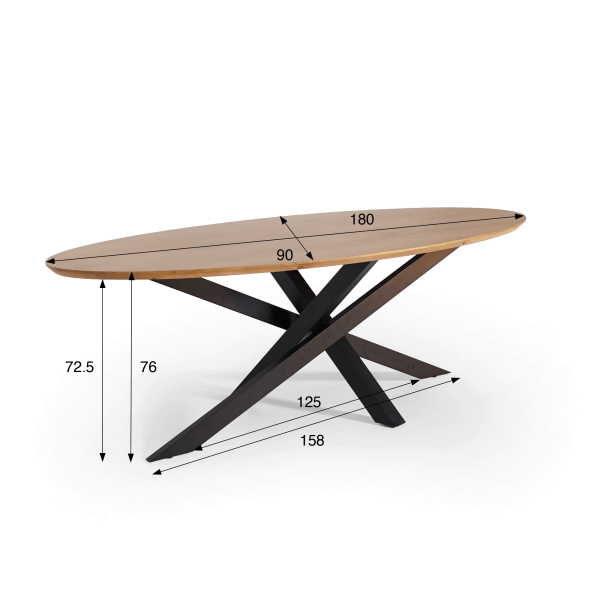 Table de salle à manger ovale en bois massif à pied mikado en métal 180 cm