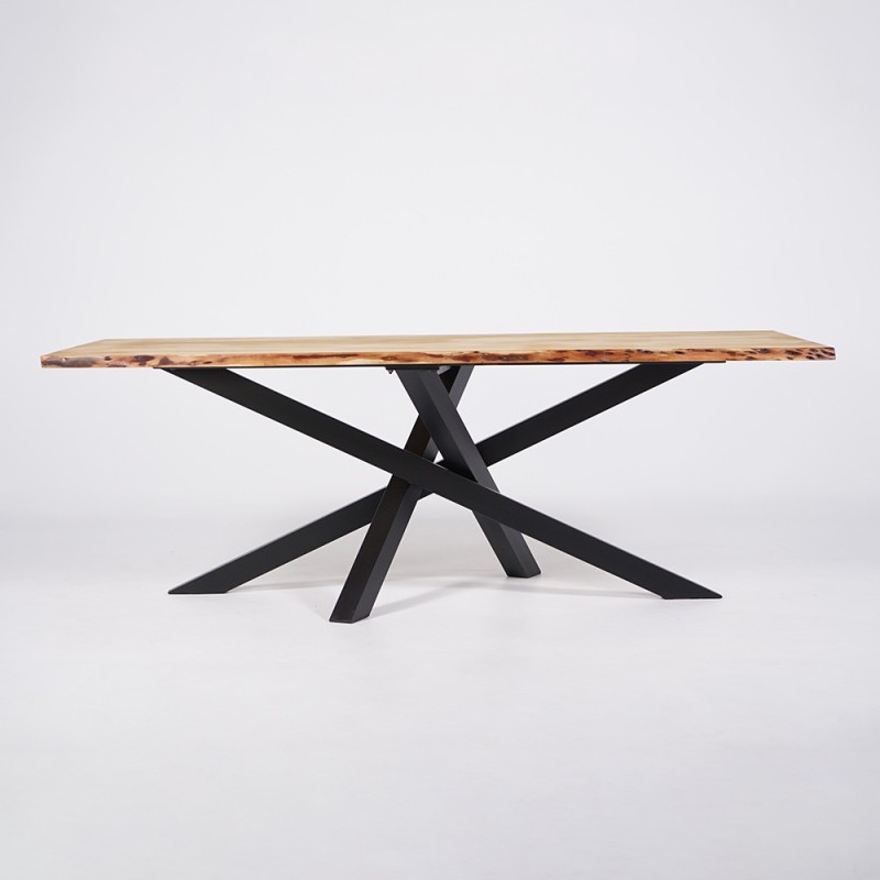 Table de salle à manger en bois massif à pied mikado en métal et bords naturels 220 cm