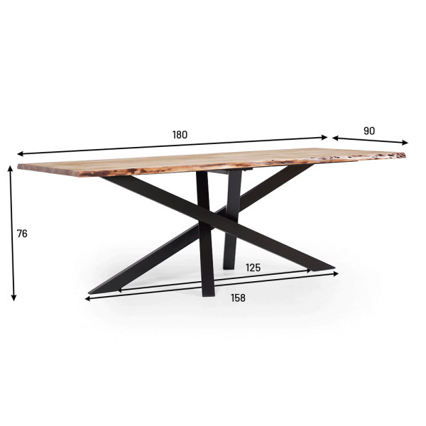 Table de salle à manger en bois massif à pied mikado en métal et bords naturels