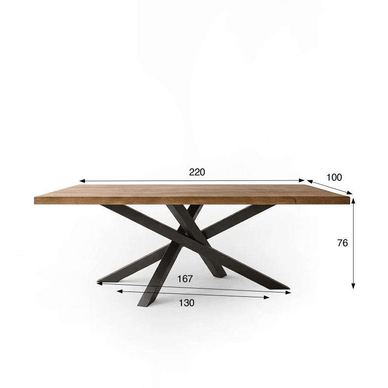 Table de salle à manger en bois massif à pied mikado en métal 220 cm