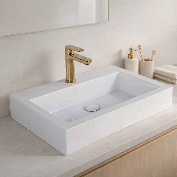 Vasque à poser en céramique rectangulaire, blanc brillant - Odon