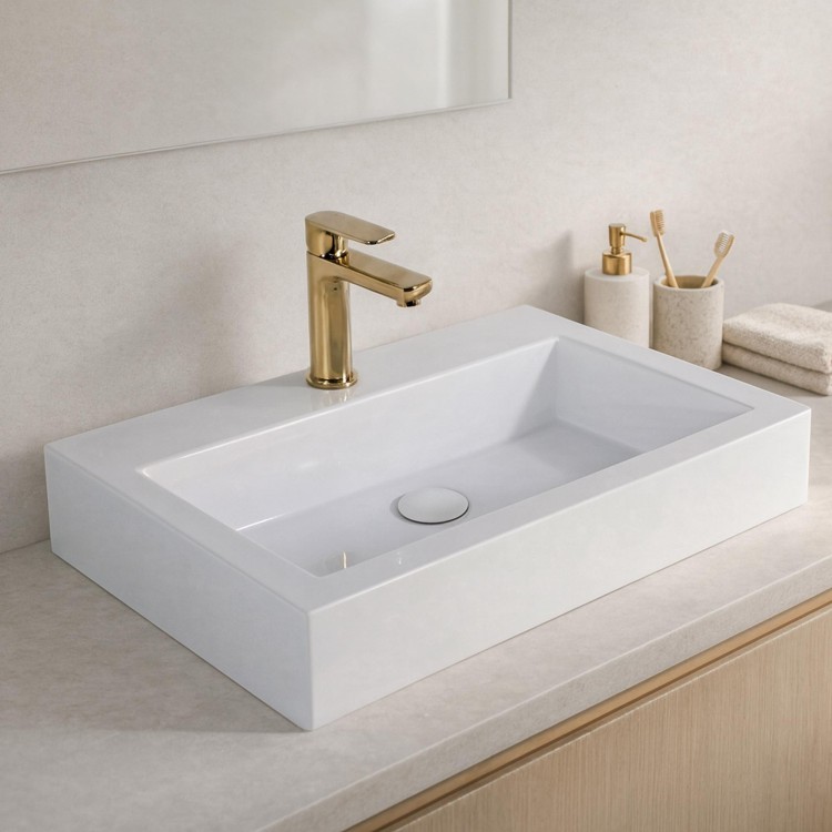 Vasque à poser en céramique rectangulaire, blanc brillant - Odon