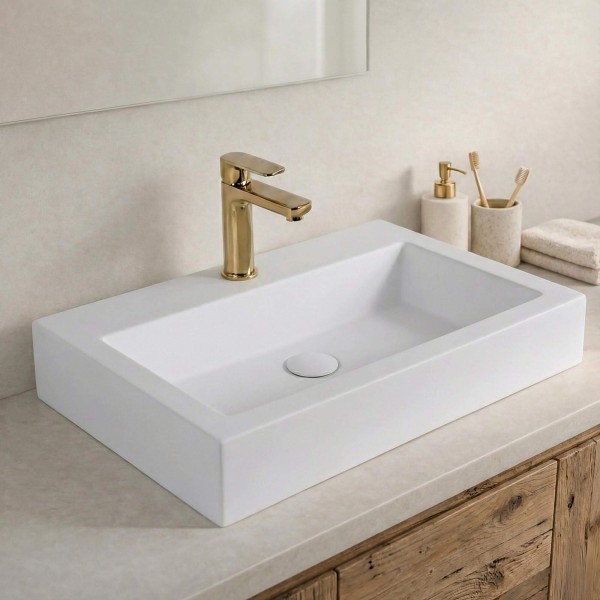 Vasque à poser en céramique rectangulaire, blanc mat - Odon