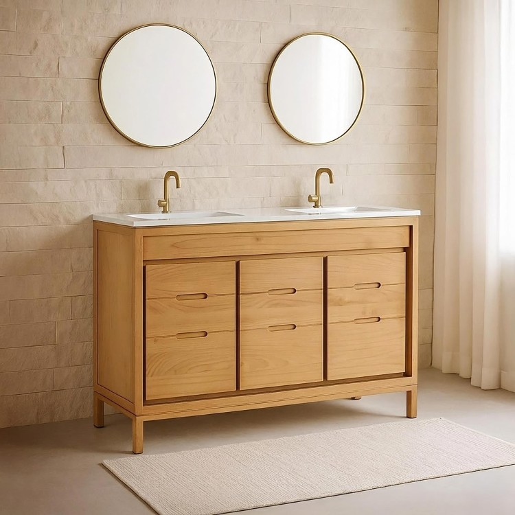 Meuble de salle de bain double vasque en bois massif, blanc brillant - Ashwini