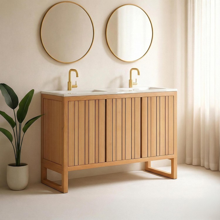 Meuble de salle de bain double vasque en bois massif, blanc brillant - Satya