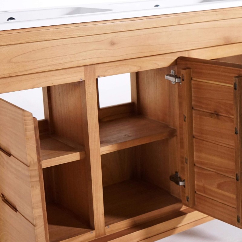 Meuble de salle de bain double vasque en bois massif, blanc mat - Ashwini