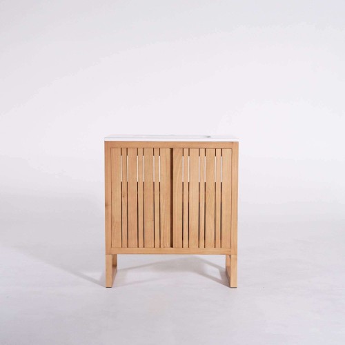 Meuble de salle de bain simple vasque en bois massif, blanc mat - Satya