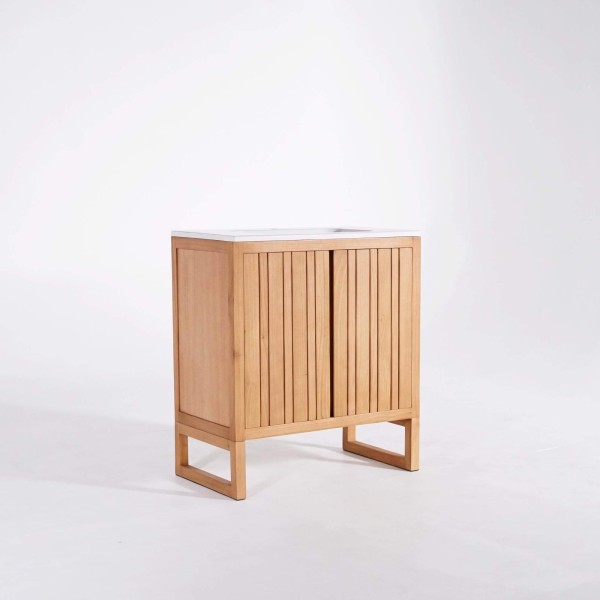 Meuble de salle de bain simple vasque en bois massif, blanc mat - Satya