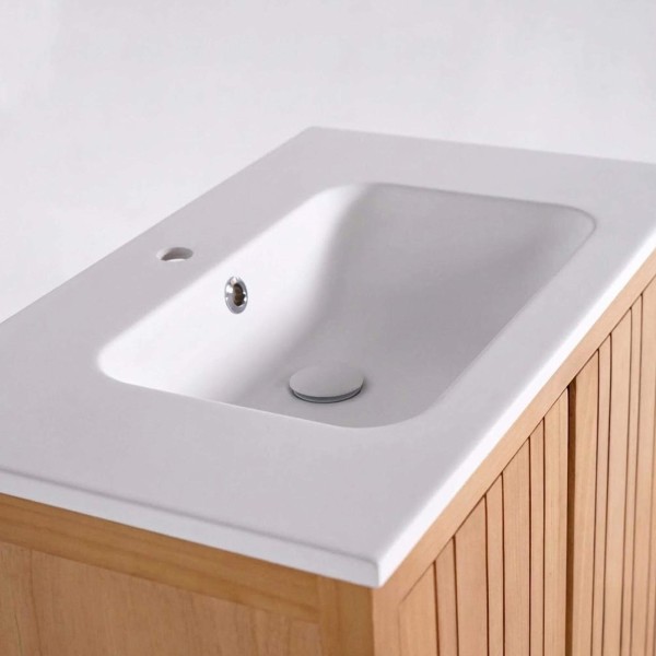 Meuble de salle de bain simple vasque en bois massif, blanc mat - Satya