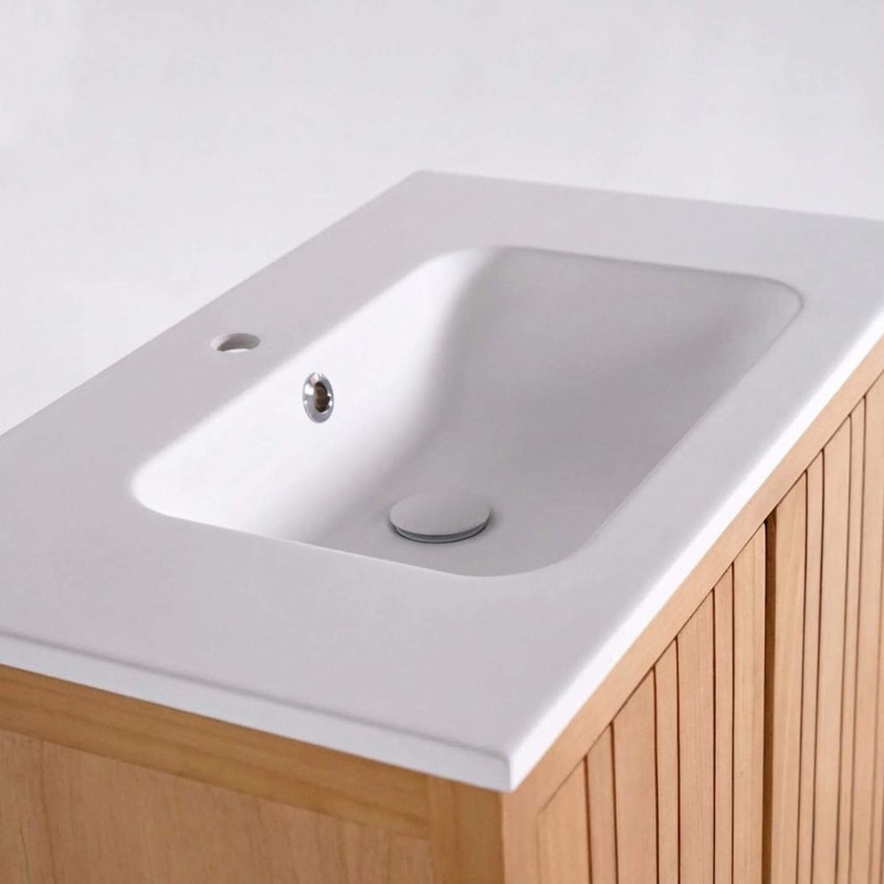 Meuble de salle de bain simple vasque en bois massif, blanc mat - Satya