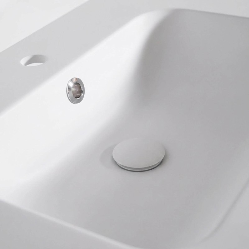 Meuble de salle de bain simple vasque en bois massif, blanc mat - Satya