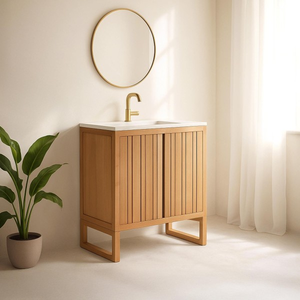 Meuble de salle de bain simple vasque en bois massif, blanc mat - Satya
