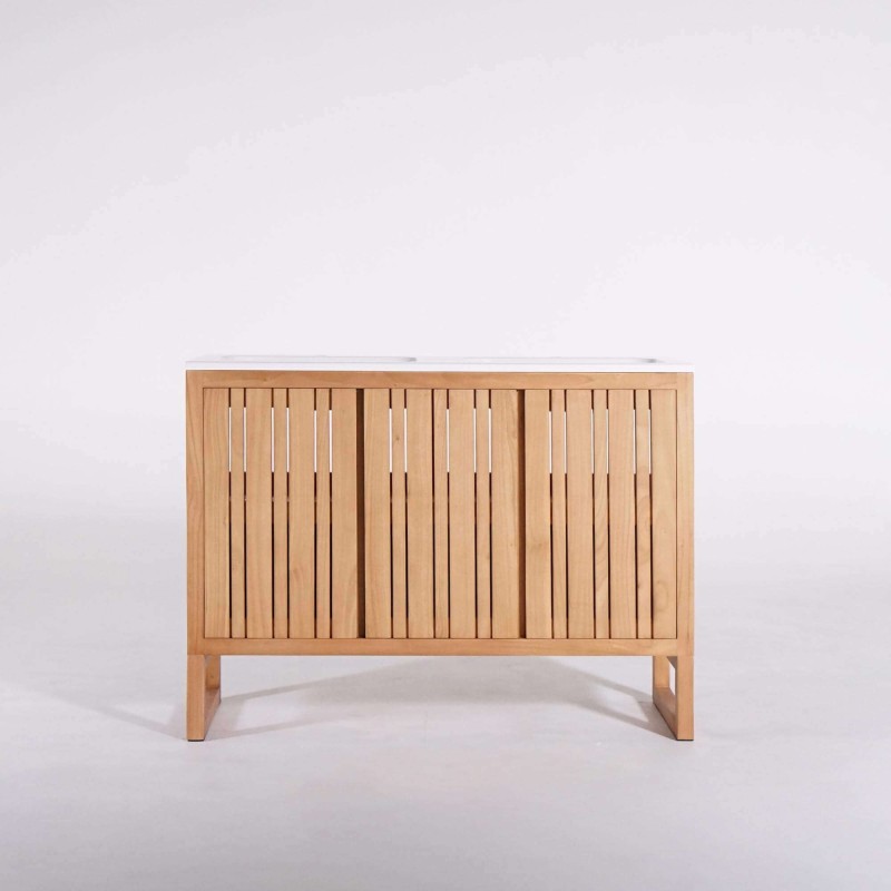 Meuble de salle de bain double vasque en bois massif, blanc mat - Satya