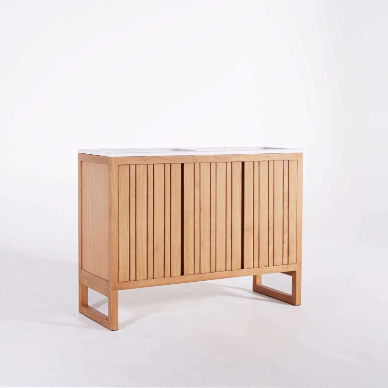 Meuble de salle de bain double vasque en bois massif, blanc mat - Satya