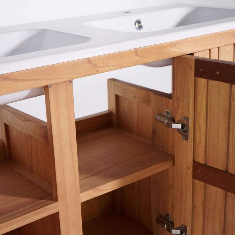 Meuble de salle de bain double vasque en bois massif, blanc mat - Satya